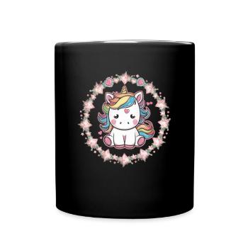 Niedliches Kawaii Einhorn mit Sternen und Herzen - Tasse einfarbig - Schwarz - Vorne