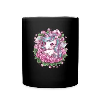 Licorne kawaii avec lit de roses - Mug uni - noir - Devant