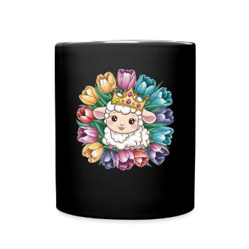 Königliches Kawaii Schaf mit Krone und Tulpen - Tasse einfarbig - Schwarz - Vorne