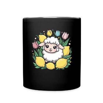 Kawaii Cartoon Schaf mit Zitronen und Tulpen - Tasse einfarbig - Schwarz - Vorne