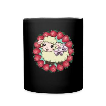 Süßes Kawaii Schaf mit Erdbeeren & Orchideen - Tasse einfarbig - Schwarz - Vorne