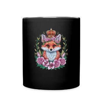 Cartoon kawaii fox with crown, roses and lilies - Full Colour Mug - black - Front
