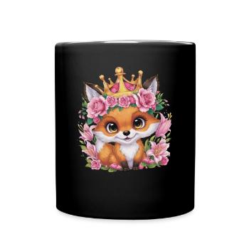 Cartoon Kawaii Fuchs mit Krone, Rosen und Lillien - Tasse einfarbig - Schwarz - Vorne