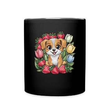 Kawaii Cartoon Hund mit Erdbeeren und Tulpen - Tasse einfarbig - Schwarz - Vorne