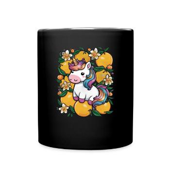 Kawaii Einhorn mit Orangen und Narzissen - Tasse einfarbig - Schwarz - Vorne