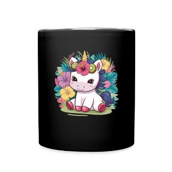 Cartoon Kawaii Einhorn mit Kiwi und Hibiskus - Tasse einfarbig - Schwarz - Vorne