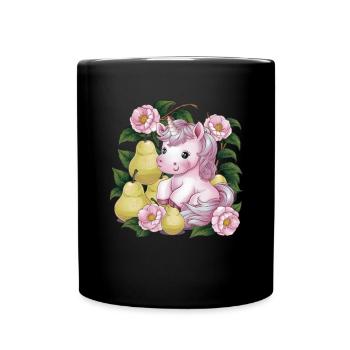 Licorne Kawaii avec Poires & Fleurs - Mug uni - noir - Devant