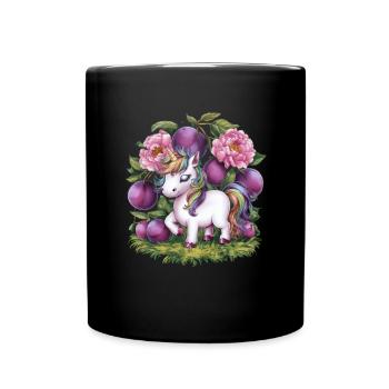 Licorne Kawaii avec des prunes et des fleurs - Mug uni - noir - Devant