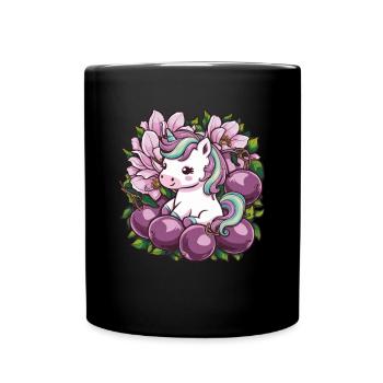 Licorne Kawaii avec des prunes et des fleurs - Mug uni - noir - Devant