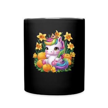 Kawaii Einhorn mit Orangen und Narzissen - Tasse einfarbig - Schwarz - Vorne