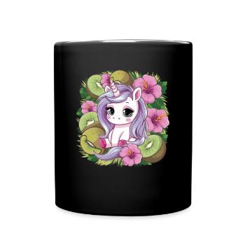 Cartoon Kawaii Einhorn mit Kiwi und Hibiskus - Tasse einfarbig - Schwarz - Vorne