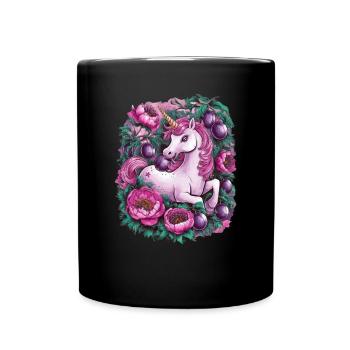 Licorne Kawaii avec des prunes et des fleurs - Mug uni - noir - Devant