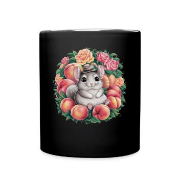 Cartoon Kawaii Chinchilla mit Rosen und Pfirsich - Tasse einfarbig - Schwarz - Vorne