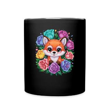 Cartoon kawaii fox with colorful roses. - Full Colour Mug - black - Front