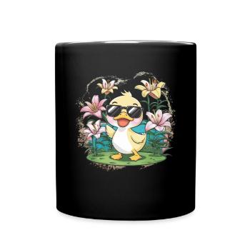 Kawaii Entchen mit farbenfrohen Lillien - Tasse einfarbig - Schwarz - Vorne