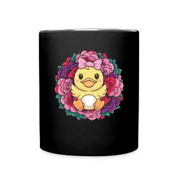 Canard kawaii avec des roses colorées - Mug uni - noir - Devant