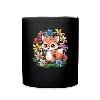 Cartoon kawaii fox with colorful lilies - Full Colour Mug - black - Front