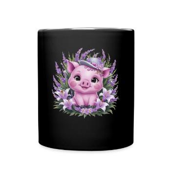 Cochon dans le style de dessin animé kawaii avec de la lavande - Mug uni - noir - Devant