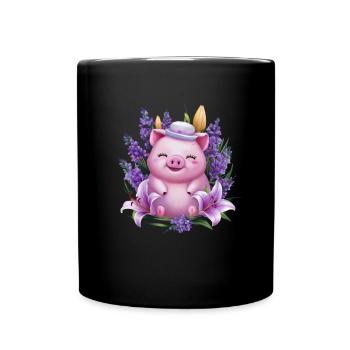 Cochon dans le style de dessin animé kawaii avec de la lavande - Mug uni - noir - Devant