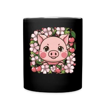 Süßes Kawai Schwein mit Sakura Kirschblüten - Tasse einfarbig - Schwarz - Vorne