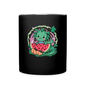 Kawaii Drache mit Pfirsichen und Wassermelone - Tasse einfarbig - Schwarz - Vorne