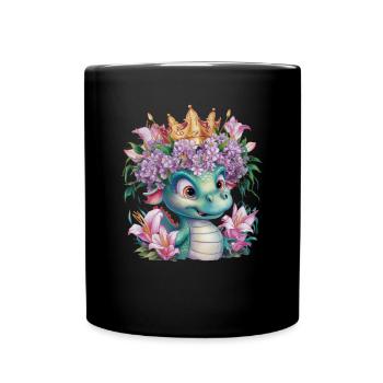 Dragon with crown and colorful flowers - Full Colour Mug - black - Front