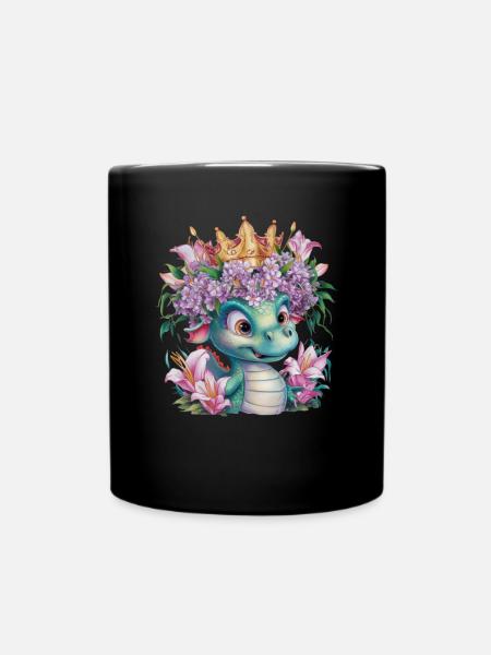 Drache mit Krone und farbenfrohen Blumen - Tasse einfarbig - Schwarz