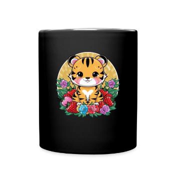 Tigre Kawaii avec Fraises et Roses - Mug uni - noir - Devant