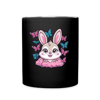 Kawaii Hase mit Schmetterlingen - Tasse einfarbig - Schwarz - Vorne