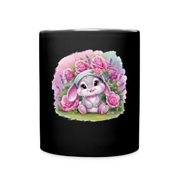 Mignon lapin kawaii avec des roses et de la lavande - Mug uni - noir - Devant