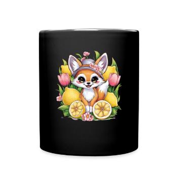 Renard du désert Fennec aux tulipes et citrons. - Mug uni - noir - Devant