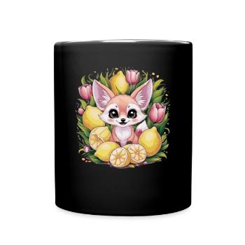 Renard du désert Fennec aux tulipes et citrons. - Mug uni - noir - Devant
