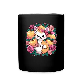 Kawaii Fennek Wüstenfuchs mit Pfirsichen - Tasse einfarbig - Schwarz - Vorne