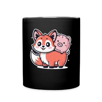 Kawaii fox in cartoon style with piggy bank - Full Colour Mug - black - Front