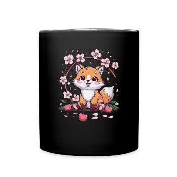 Kawaii Fuchs mit Kirschen und Sakura Kirschblüten - Tasse einfarbig - Schwarz - Vorne
