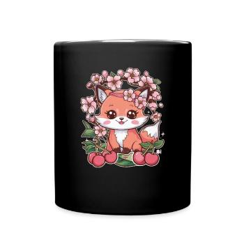 Kawaii Fuchs mit Kirschen und Sakura Kirschblüten - Tasse einfarbig - Schwarz - Vorne