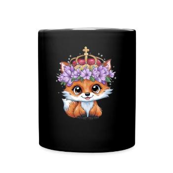 Kawaii Fuchs mit Krone und violetten Blumen - Tasse einfarbig - Schwarz - Vorne