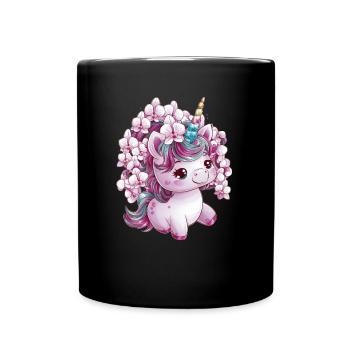 Süßes Einhorn mit Orchideen - Tasse einfarbig - Schwarz - Vorne