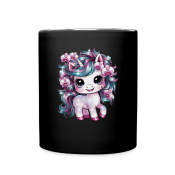 Süßes Einhorn mit Orchideen - Tasse einfarbig - Schwarz - Vorne