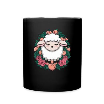 Kawaii Schaf mit Pfirsichen uund Rosen - Tasse einfarbig - Schwarz - Vorne