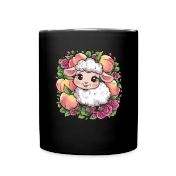 Kawaii Schaf mit Pfirsichen uund Rosen - Tasse einfarbig - Schwarz - Vorne