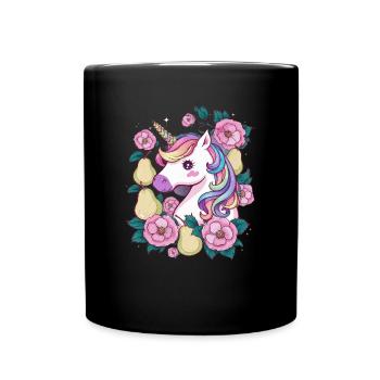 Licorne Kawaii avec Poires & Fleurs - Mug uni - noir - Devant