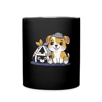 Kawaii Cartoon Hund mit Onigiri Reisbällchen - Tasse einfarbig - Schwarz - Vorne