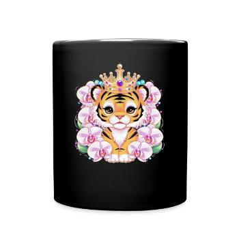 Kawaii tiger with crown and magnificent orchids - Full Colour Mug - black - Front