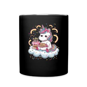 Licorne Kawaii de dessin animé avec des biscuits et un gâteau - Mug uni - noir - Devant