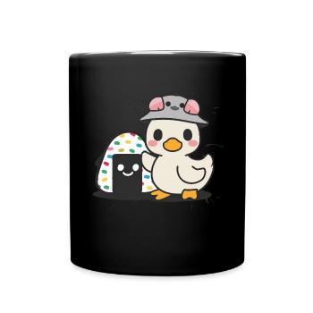 Caneton kawaii dans le style dessin animé avec de gros onigiri - Mug uni - noir - Devant