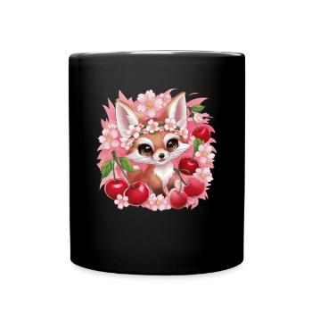Kawaii Fuchs mit Kirschen und Sakura Kirschblüten - Tasse einfarbig - Schwarz - Vorne