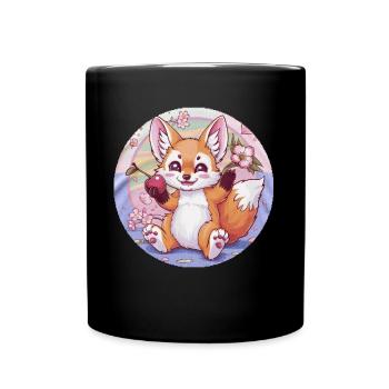Kawaii Fuchs mit Kirschen und Sakura Kirschblüten - Tasse einfarbig - Schwarz - Vorne