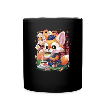 Cartoon Kawaii Fennec Desert Fox with Green Tea - Full Colour Mug - black - Front