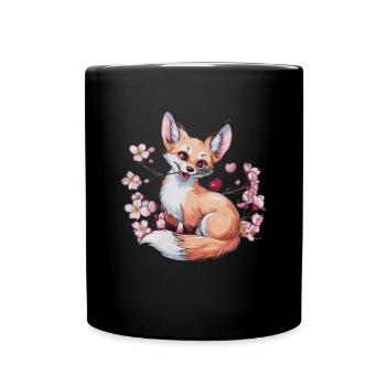 Kawaii Fuchs mit Kirschen und Sakura Kirschblüten - Tasse einfarbig - Schwarz - Vorne